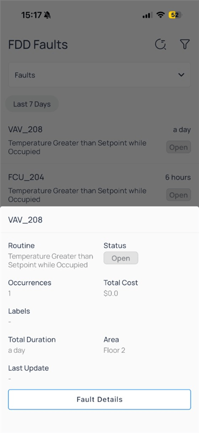 Fault sheet for VAV_208 with routine, occurrences, and area Floor 2