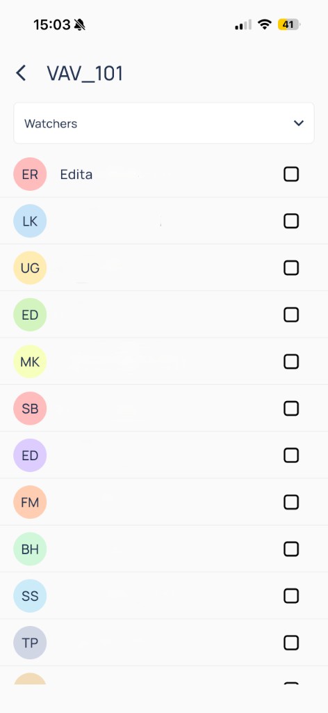 Fault Watchers list for VAV_101 with user checkboxes to subscribe to updates