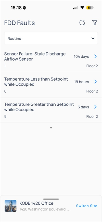 FDD Faults Routine view with sensor failure and temperature routines on Floor 2