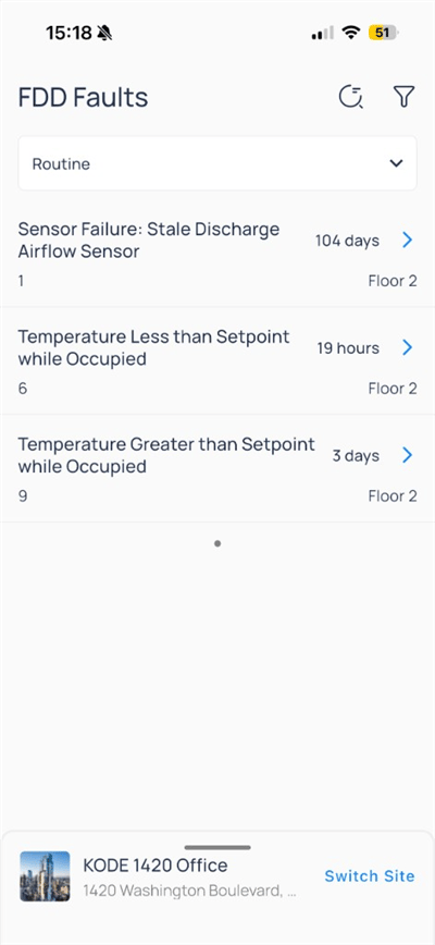 FDD Faults Routine view with sensor failure and temperature routines on Floor 2