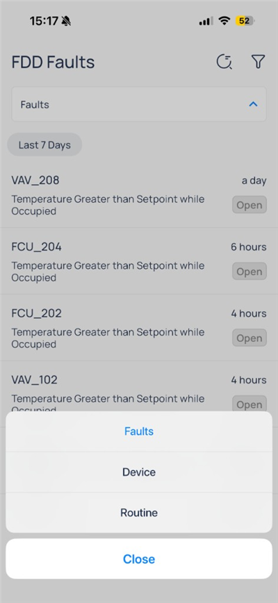 FDD Faults view menu with Faults, Device, and Routine options