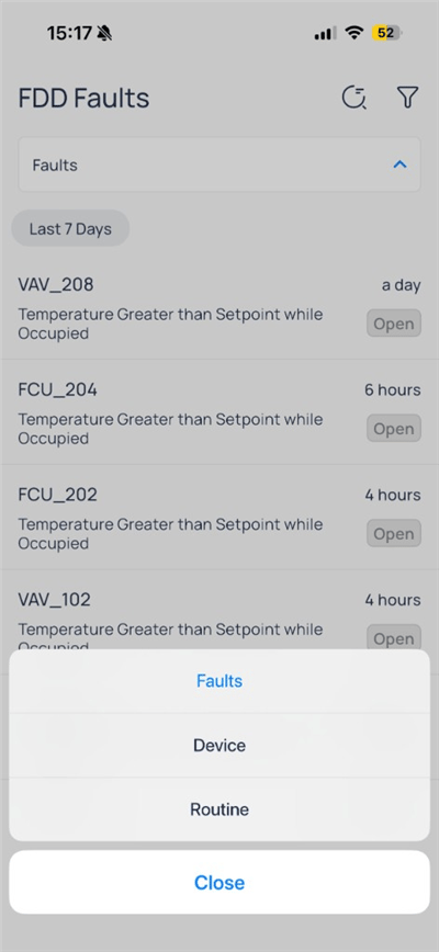 FDD Faults view menu with Faults, Device, and Routine options
