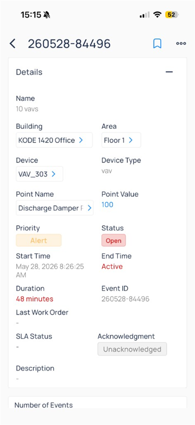 Incident sheet with 11 events, Floor 1 area, and assignee name