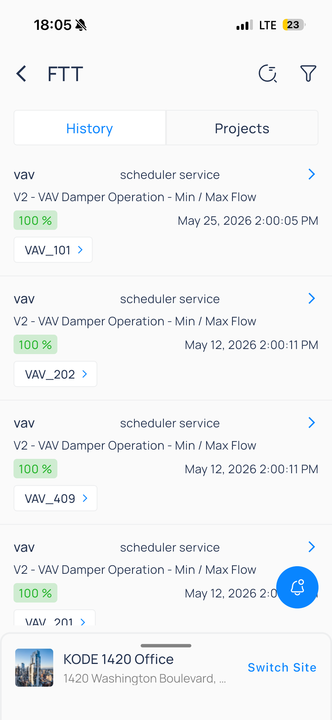 FTT History tab listing V2 VAV Damper Operation tests with score badges and device links