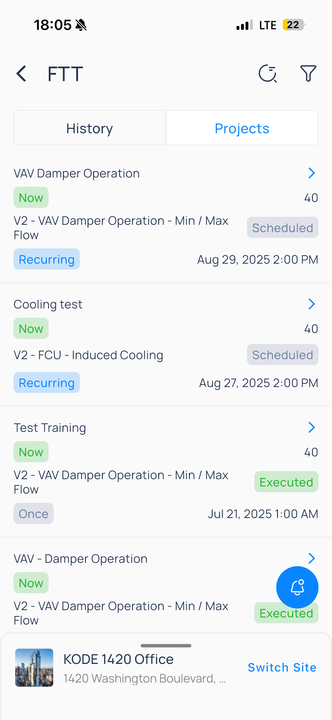 FTT Projects tab listing VAV Damper Operation, Cooling test, and Test Training with status and recurrence badges