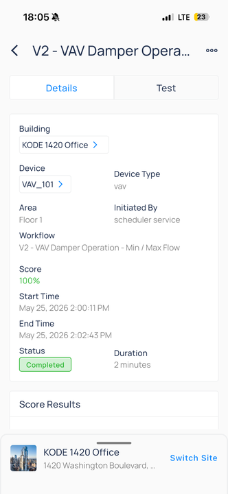 FTT test Details tab with building, device, workflow, 100 percent score, and Completed status