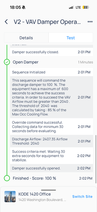 Test tab timeline showing Open Damper sequence and Finished score of 100 percent