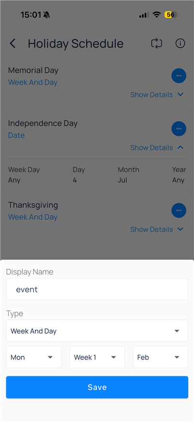 Independence Day expanded with Week Day, Day, Month, and Year fields