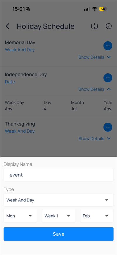 Independence Day expanded with Week Day, Day, Month, and Year fields