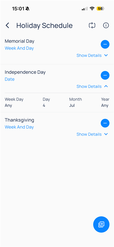 Holiday Schedule list with Memorial Day, Independence Day expanded date pattern, Thanksgiving, and New Event button