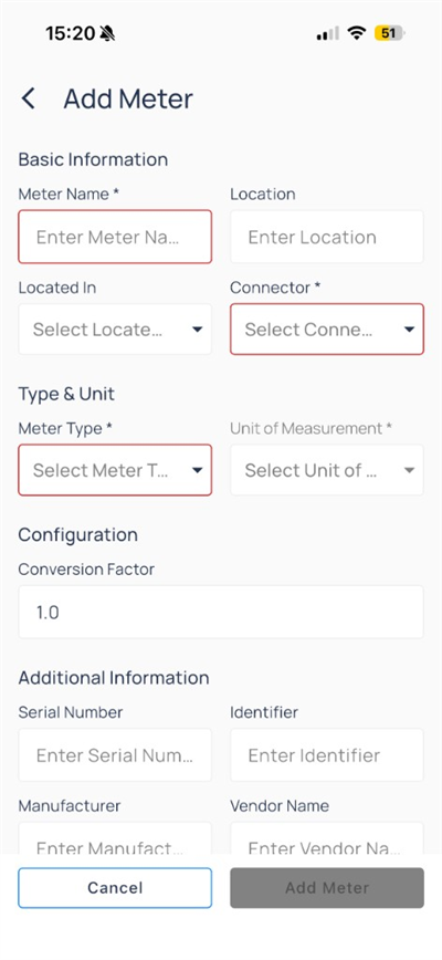 Add Meter form with Basic Information, Type and Unit, Configuration, and Additional Information sections