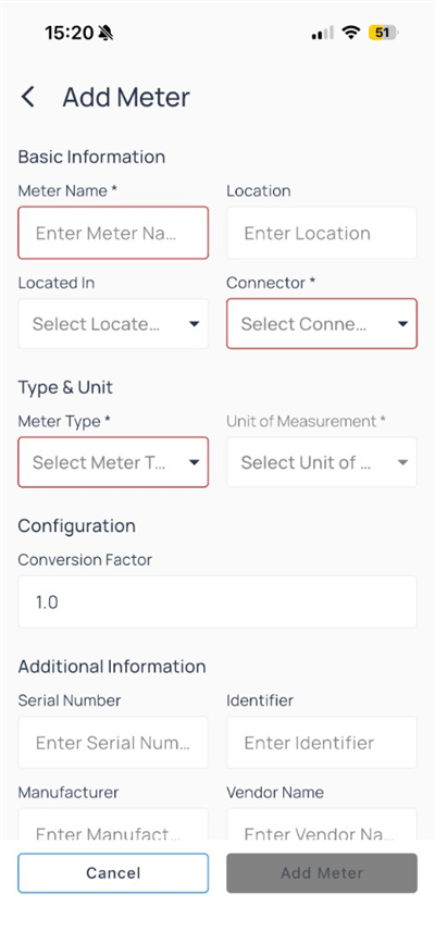 Add Meter form with Basic Information, Type and Unit, Configuration, and Additional Information sections