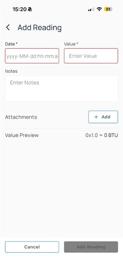 Add Reading form with Date, Value, Notes, Attachments, and Value Preview