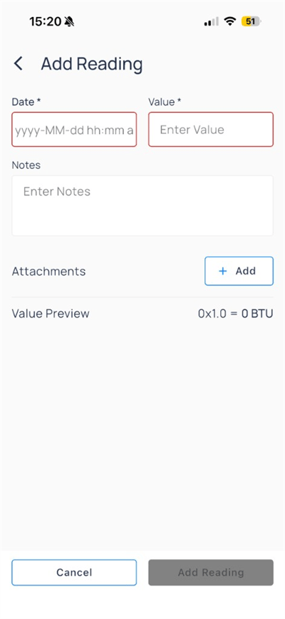 Add Reading form with Date, Value, Notes, Attachments, and Value Preview