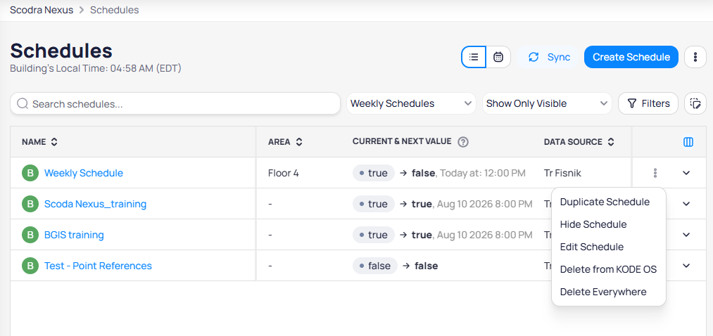 Schedule row menu showing Duplicate Schedule, Hide Schedule, Edit Schedule, Delete from Cloud BMS, and Delete Everywhere options