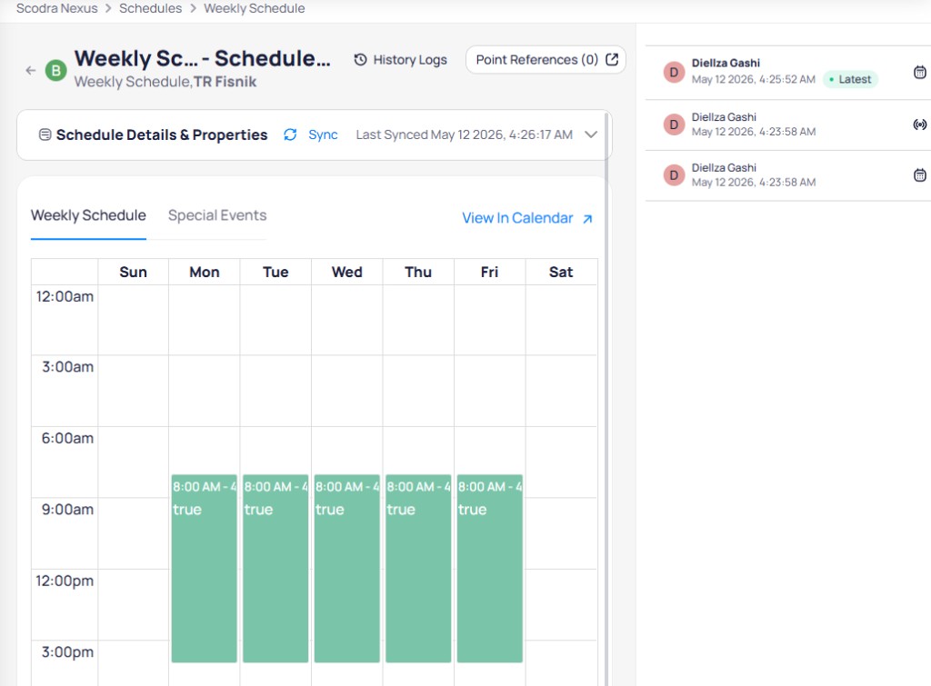 Weekly Schedule view showing green event blocks from 8:00 AM to 4:00 PM on Monday through Friday with value true, History Logs and Point References links, and an activity log with user change entries