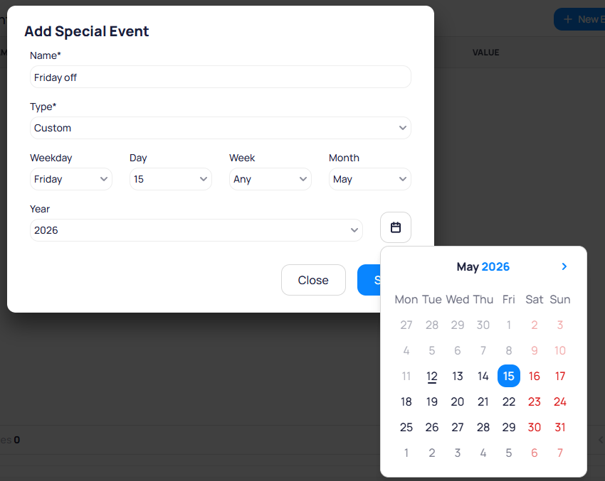Add Special Event dialog with a calendar picker showing May 2026 with the 15th highlighted
