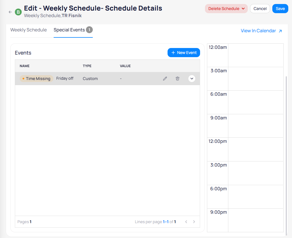 Special Events tab showing Friday off event with Custom type, Time Missing indicator, and a blank day calendar on the right with edit and delete icons