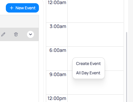 Special event day calendar with a right-click menu showing Create Event and All Day Event options