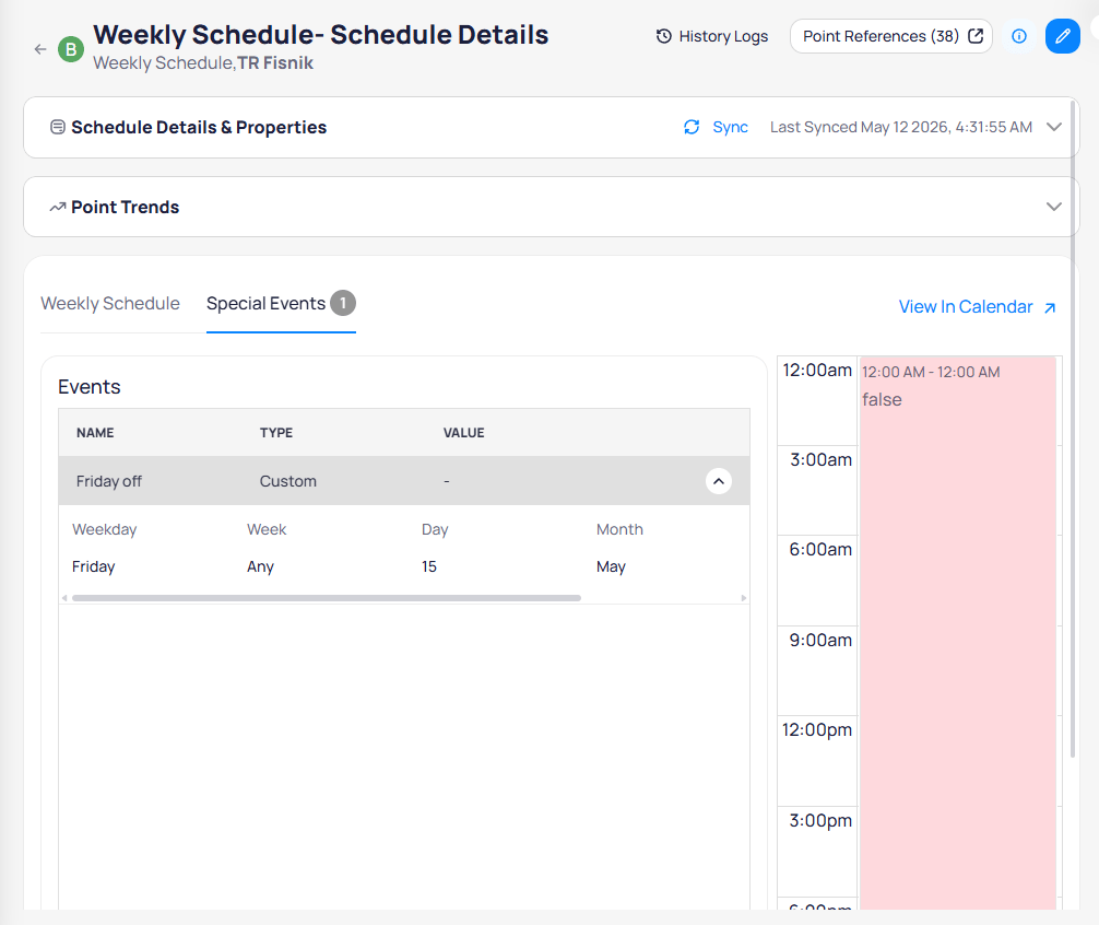 Schedule Details page showing the Special Events tab with Friday off expanded showing Weekday Friday, Week Any, Day 15, Month May, and the day calendar with a pink false block