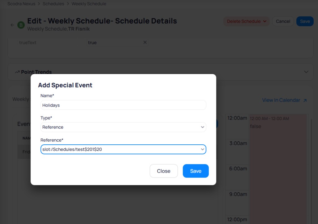 Add Special Event dialog with Name set to Holidays, Type set to Reference, and Reference dropdown showing a slot path to a calendar schedule