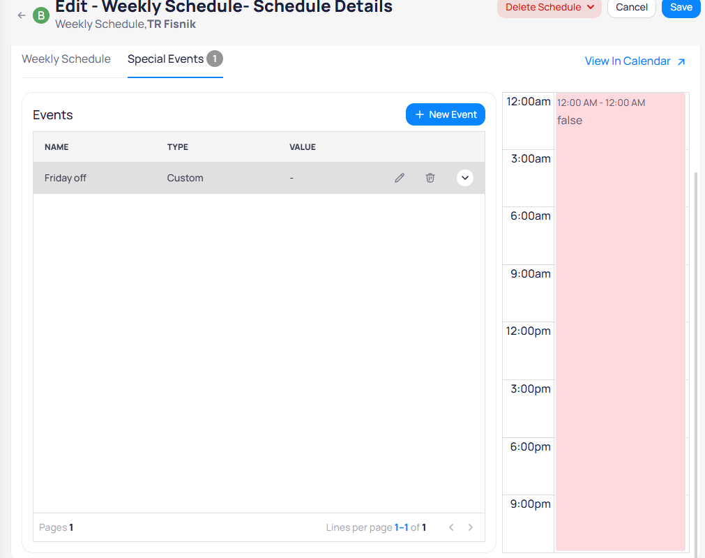 Special Events tab with Friday off event showing a pink all-day block with value false from 12:00 AM to 12:00 AM on the day calendar