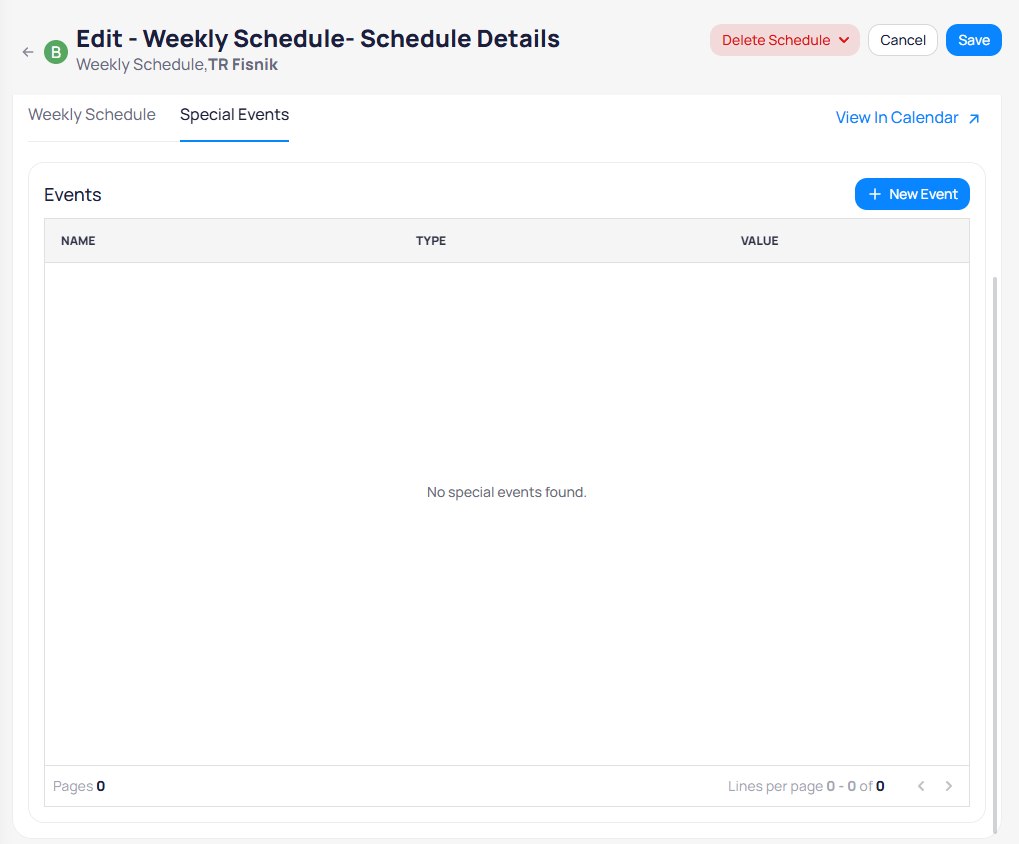 Special Events tab showing an empty events list with Name, Type, and Value columns, and a New Event button