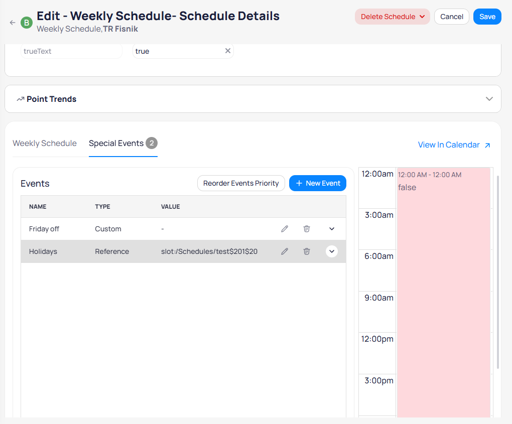 Special Events tab showing Friday off as Custom type and Holidays as Reference type with slot path value, day calendar on the right showing an all-day false override from 12:00 AM to 12:00 AM, plus Reorder Events Priority button
