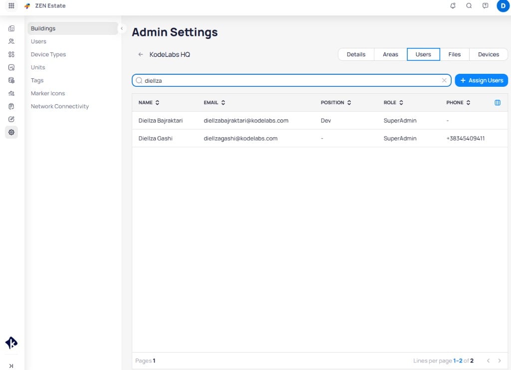Building Users tab showing a table of assigned users with name, email, position, role, and phone columns