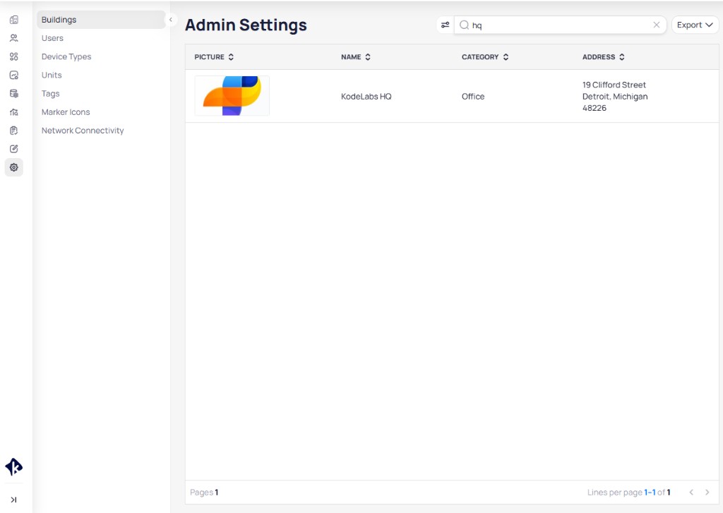 Admin Settings Buildings page showing a list of buildings with picture, name, category, and address columns