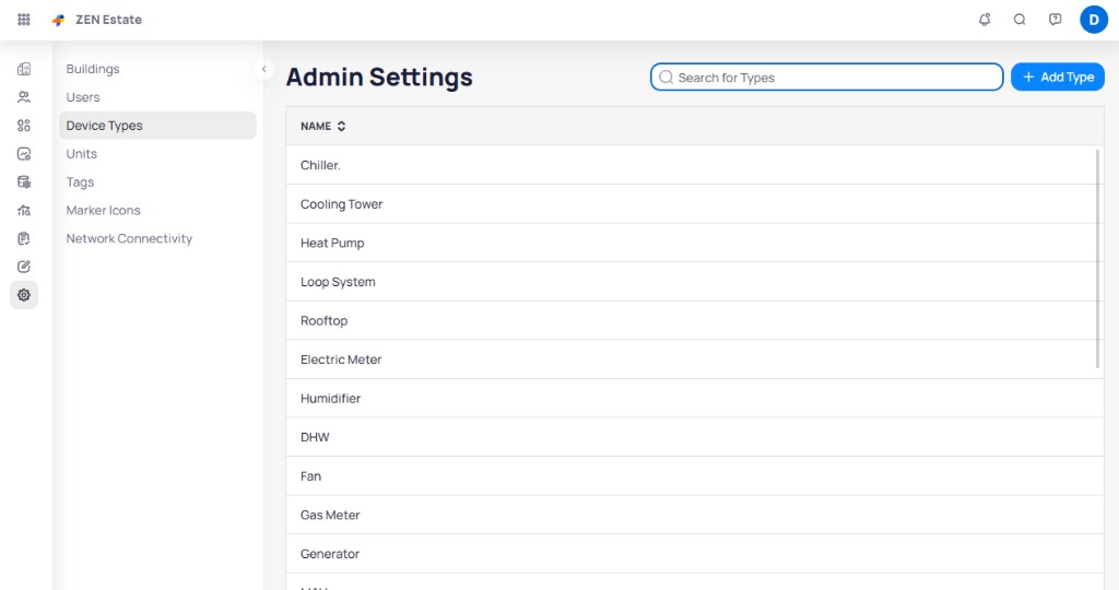 Admin Settings Device Types page showing a list of equipment types including Chiller, Cooling Tower, Heat Pump, and others