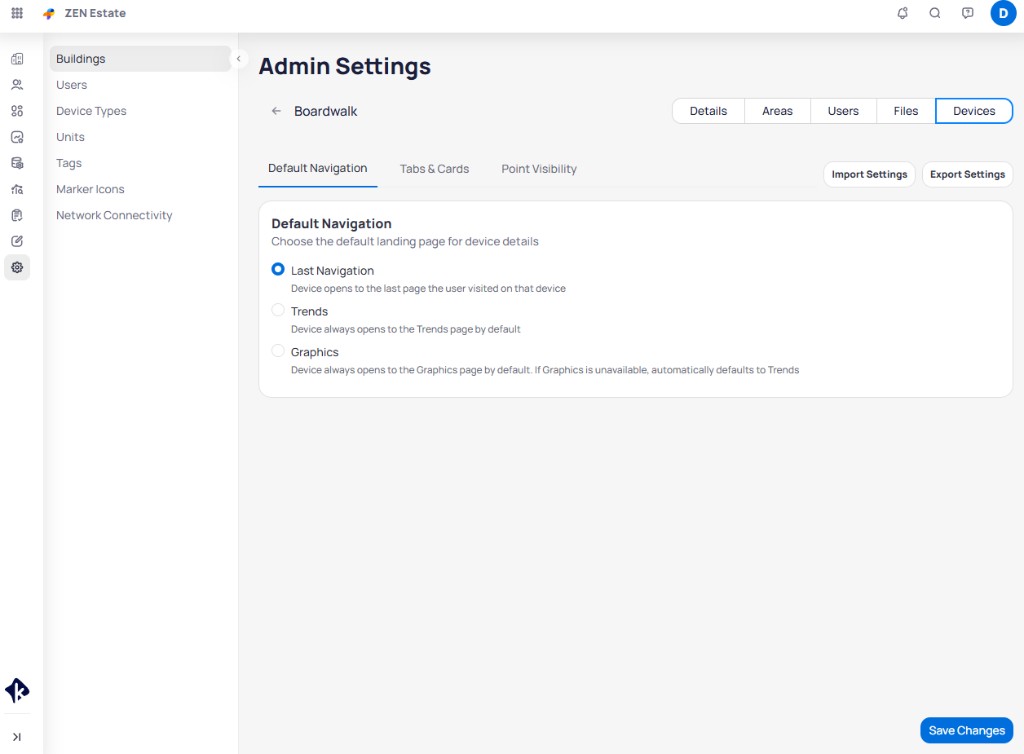 Devices tab showing Default Navigation options with Last Navigation, Trends, and Graphics radio buttons