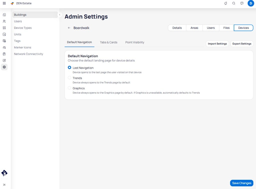 Devices tab showing Default Navigation options with Last Navigation, Trends, and Graphics radio buttons