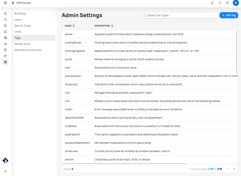 Admin Settings Tags page showing a list of tags like power, coolingTower, pump, and sensor with their descriptions