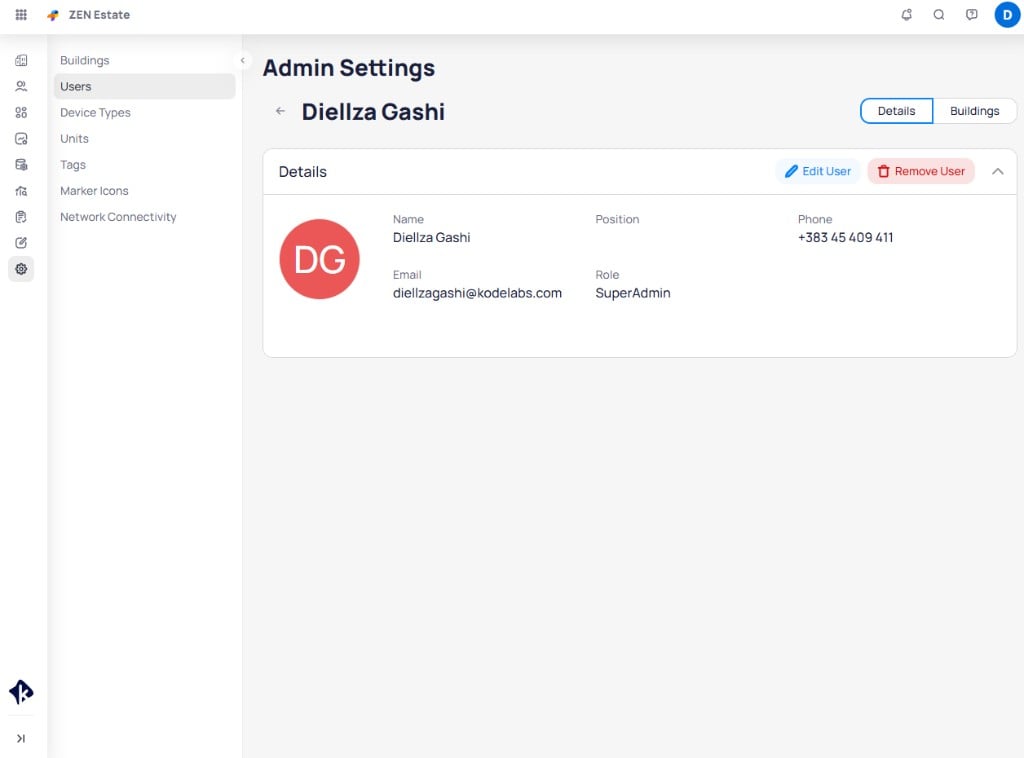 User details page showing name, email, position, role, and phone with Edit User and Remove User buttons