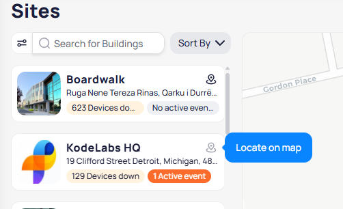 Site card showing Locate on map button on hover