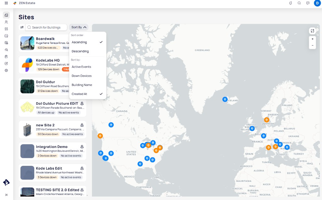 Cloud BMS Sites view with building list on the left and portfolio map on the right