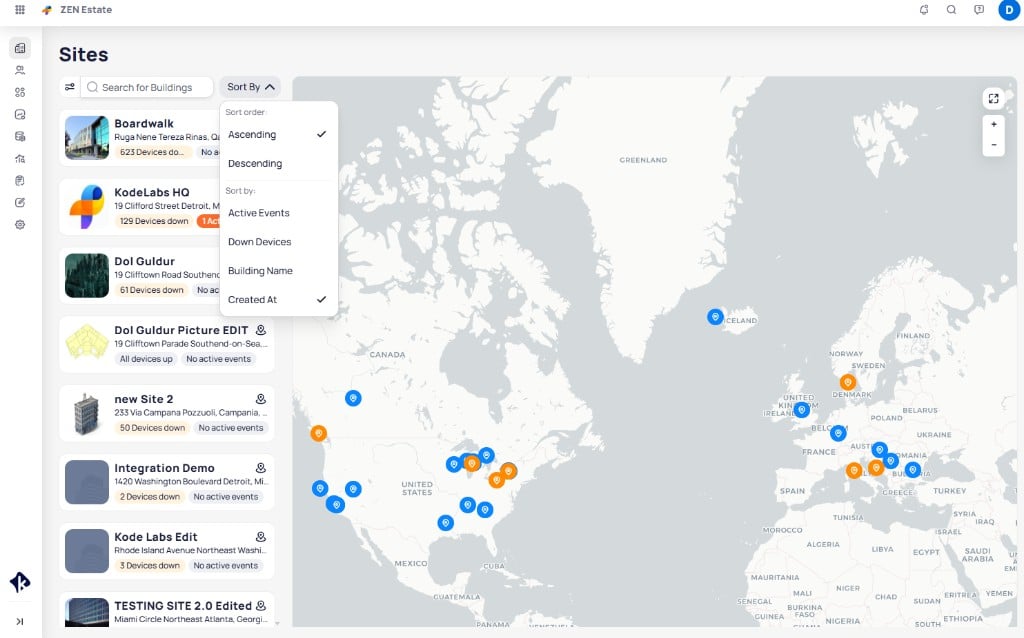 Cloud BMS Sites view with building list on the left and portfolio map on the right
