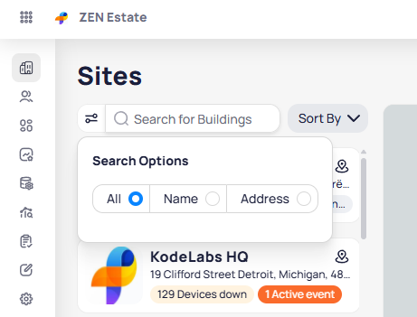 Sites search bar with All, Name, and Address filter options
