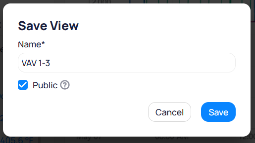 Save View dialog with Name field set to VAV 1-3, Public checkbox checked, and Cancel and Save buttons