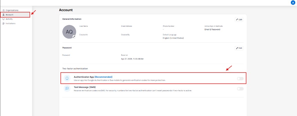 Account page with Two-factor authentication section showing Authenticator App marked as Recommended and Text Message SMS option