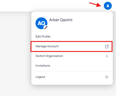 Profile dropdown menu with Manage Account option highlighted