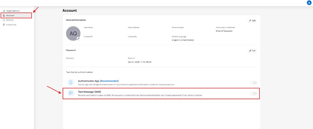 Account page with Two-factor authentication section showing Text Message SMS option highlighted