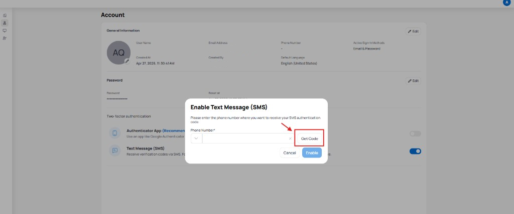 Enable Text Message SMS dialog showing country code dropdown, phone number field, and Get Code button with Cancel and Enable buttons