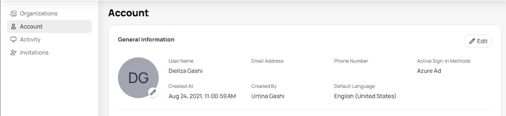 Account page showing General Information with user name, email address, phone number, active sign-in methods, created at date, created by, and default language fields with an Edit button