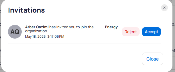 Invitations popup dialog showing an invitation from a user to join an organization with the invitation date, and Reject and Accept buttons