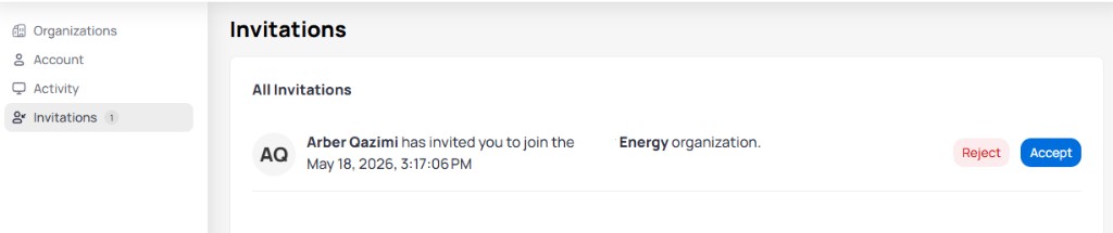 Invitations page in the account portal showing a pending invitation with sender name, organization name, date, and Reject and Accept buttons