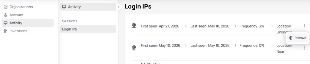 Login IP addresses page showing address entries with first seen date, last seen date, frequency percentage, location, and a Remove option in the three-dot menu