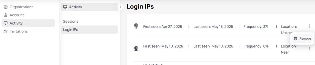 Login IP addresses page showing address entries with first seen date, last seen date, frequency percentage, location, and a Remove option in the three-dot menu