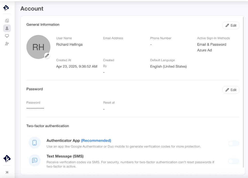 Account page showing General Information with user name, email, phone number, active sign-in methods, and creation date, Password section with Reset at date, and Two-factor authentication section with Authenticator App and Text Message options